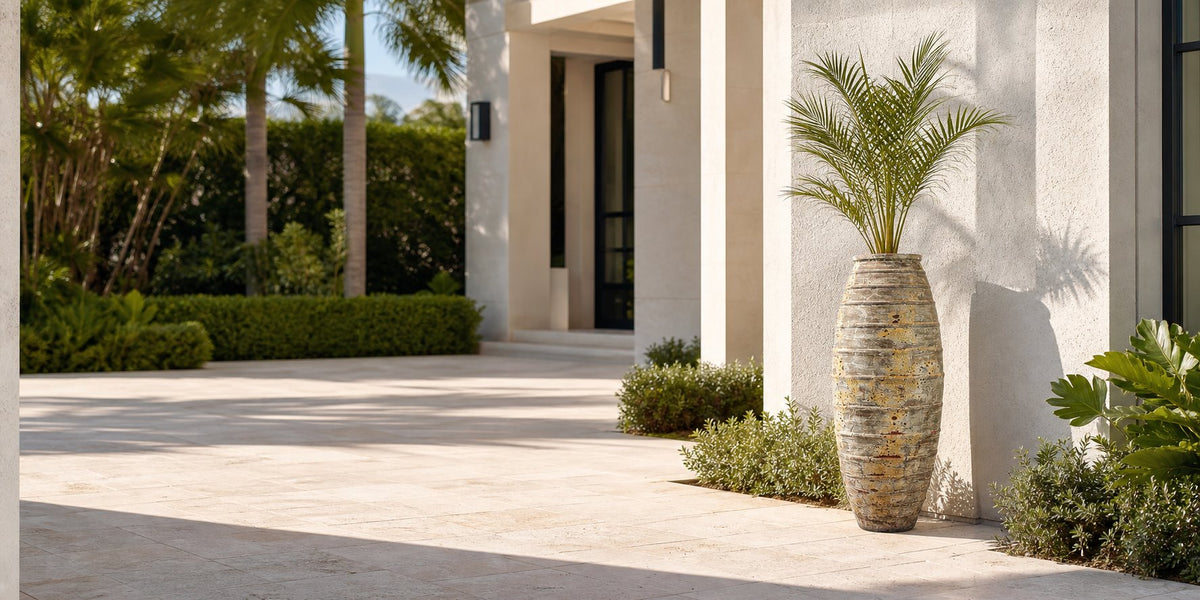 Horizon Pottery Grand Canyon planter in a quiet luxury South Florida terrace setting