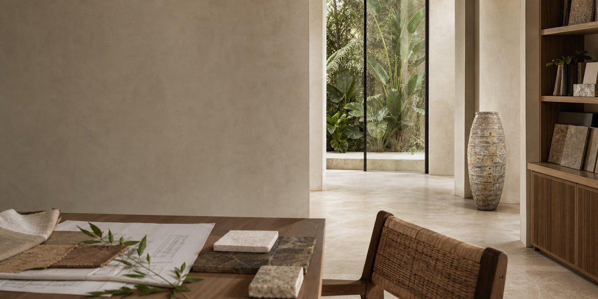 Grand Canyon planter in an interior design studio with material samples, Trade Program